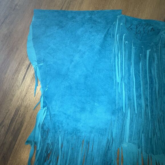 Vintage Western Teal Blue Suede Leather Fringe Shawl Cape Poncho Rodeo Hand made - Picture 14 of 16